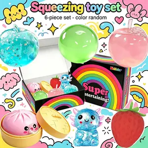 Cute Glitter Squeeze Toy 6 Styles Set, Soft Texture Slow Rebound Sensory Fidget Toys, Fruit & Cartoon Animal Stress Balls, Durable Portable Decompression Toys for Classroom Rewards
