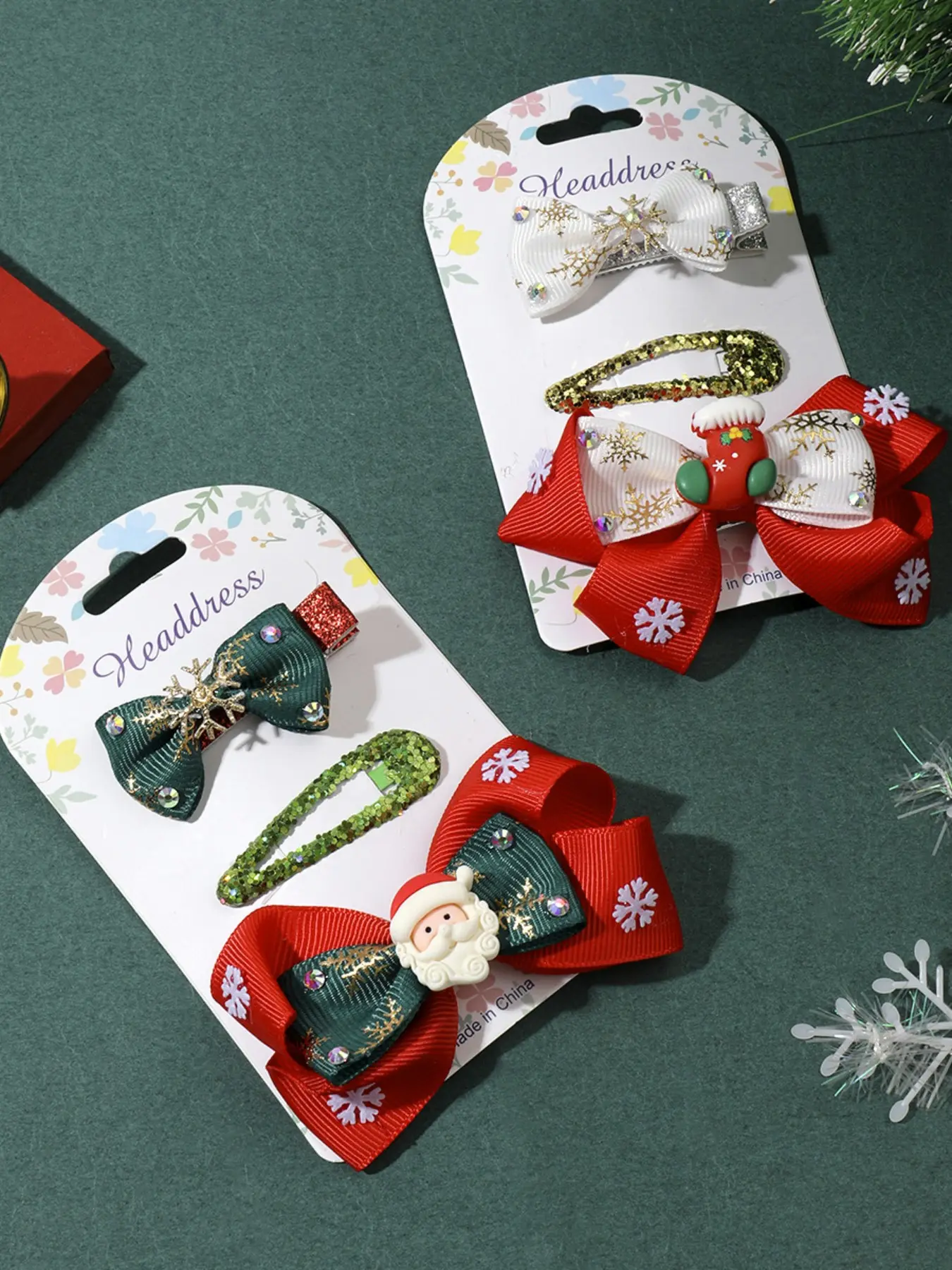 2 Sets Christmas Hair Accessories, Plush Reindeer Santa Claus Clip, Cartoon Headband, Bow Bell Duck, Cute Floral Pattern, All Seasons