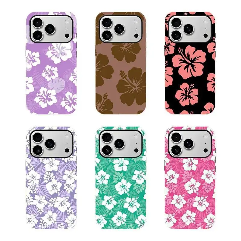 Hawaiian Hibiscus Palm Leaf Protective Phone Case - Plastic Polycarbonate Dual-Layer Durable Shockproof Cover, Wireless Charging Compatible, for iPhone 17/16/15 Pro Max & Samsung Galaxy Series Mobile Accessories, Flat Print