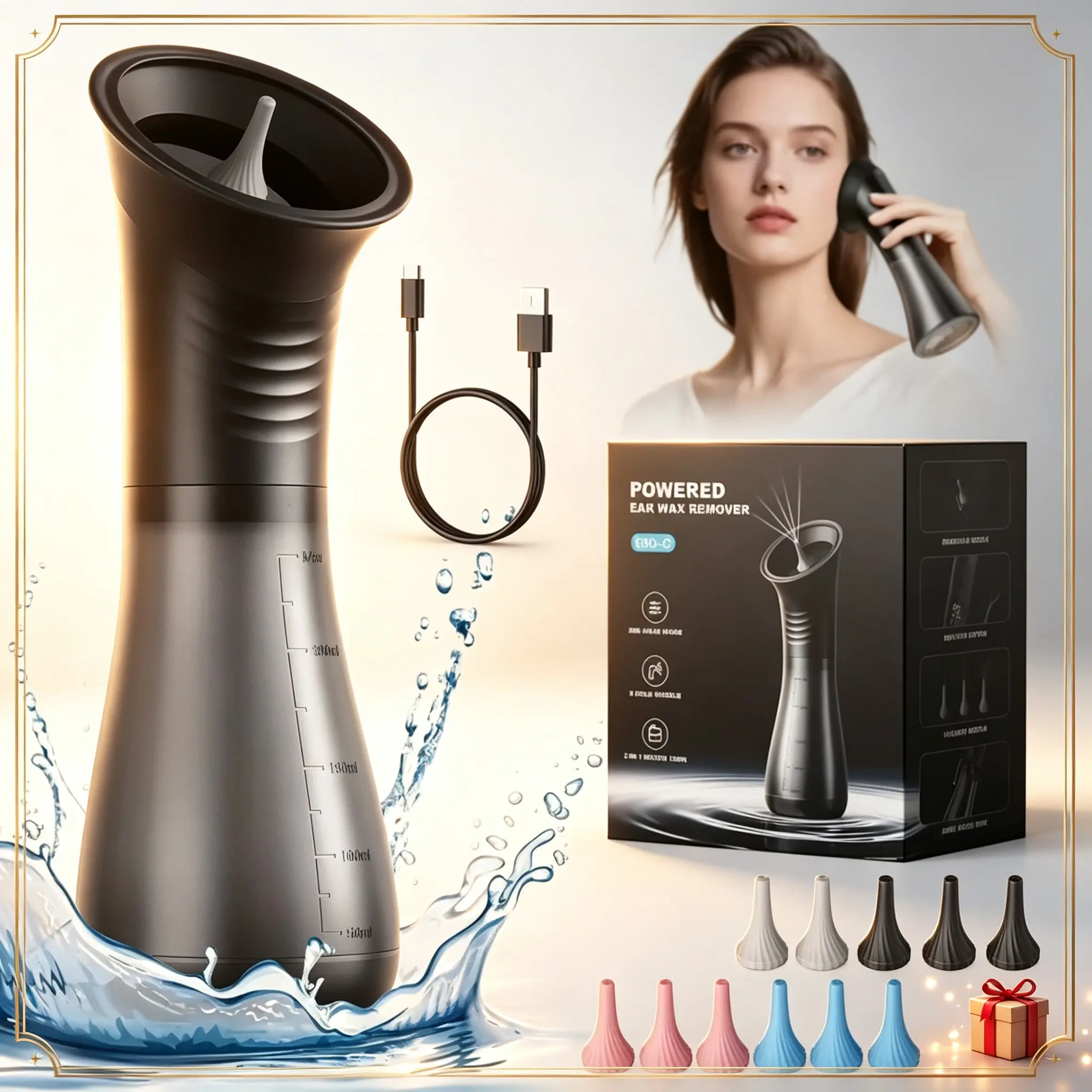 Dual Water Bucket Electric Ear Wax Remover, Rechargeable Ear Cleaning Device, 3 Pressure Modes, Digital Display, Home Adult Ear Care