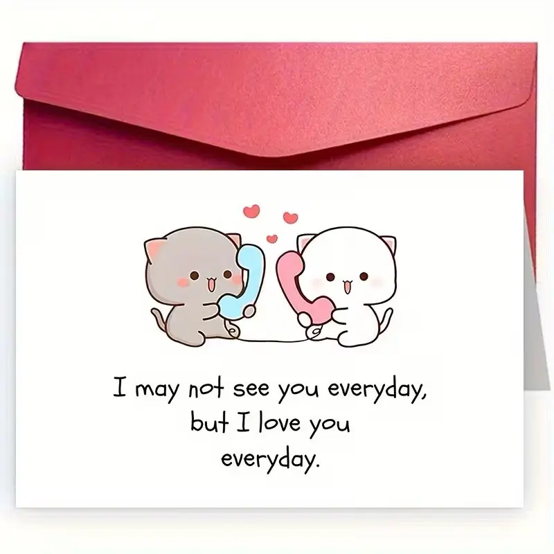 1 SET Romantic Valentine's Day Greeting Card, with envelope, featuring a cute kitten design on a cell phone and the message “I love you every day.” Perfect for couples, anniversaries, birthdays, husbands, wives, or anyone special. Christmas gift.
