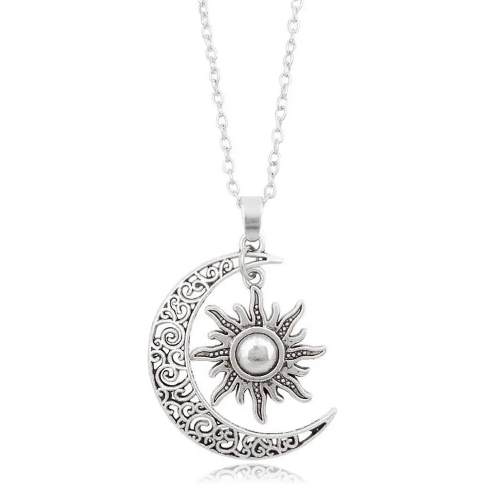 Bronze Crescent Moon and Sun Pendant Necklace Retro Swirl Filigree Unisex  Gifts