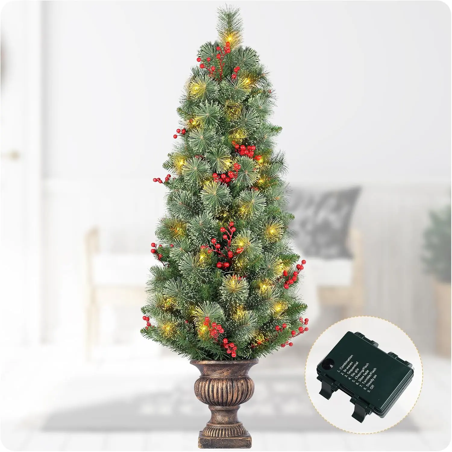 4FT   Pre Lit Christmas Tree | Potted  Pine Tree with 100 LED Lights, Timer, Red Berries and Planter for Front Porch Indoor Outdoor Holiday Decor