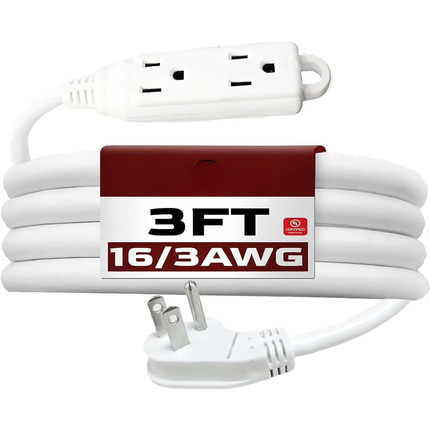 Indoor Extension Cord Power Strip 3 Outlets Flat Plug, UL Certified, 16 Gauge 3 ft White 3 Prong Heavy Duty, 16/3 SJTW 13A Outlet Extender