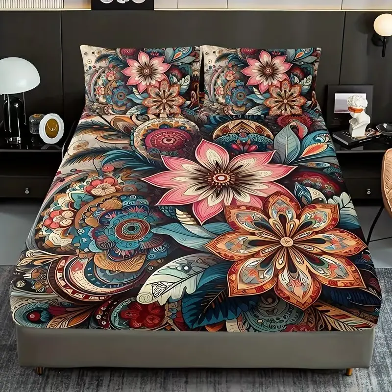3pcs Boho Mandala Floral Bed Sheet Set, Boho Sheets, 1 Bed Sheet + 2 Pillowcases, High-Definition Print, Home Dorm Use, No Inner Pillows Included