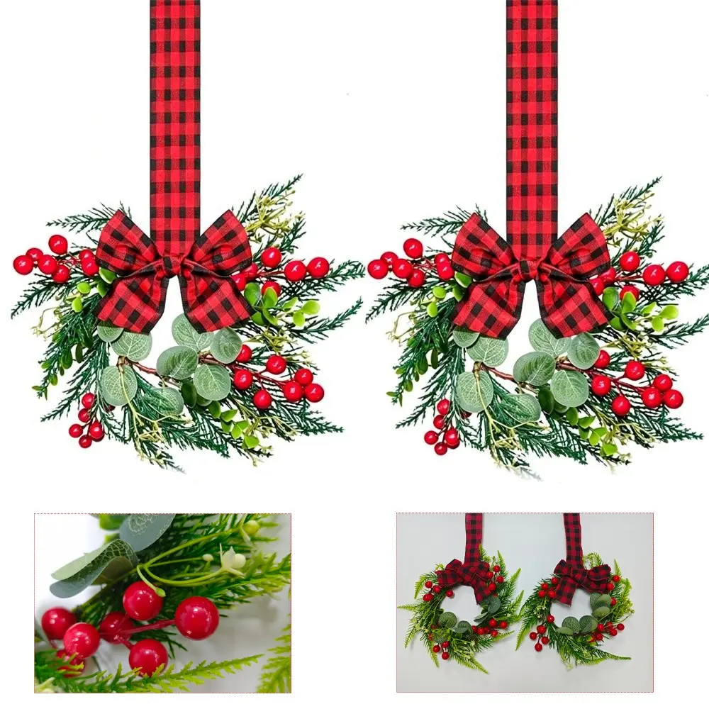 2 Small Christmas Wreaths, 9.8 Inch Kitchen Mini Cabinet Wreath, Christmas Kitchen Decor with Ribbon Bow, Berry Window Wreath, Holiday Decoration