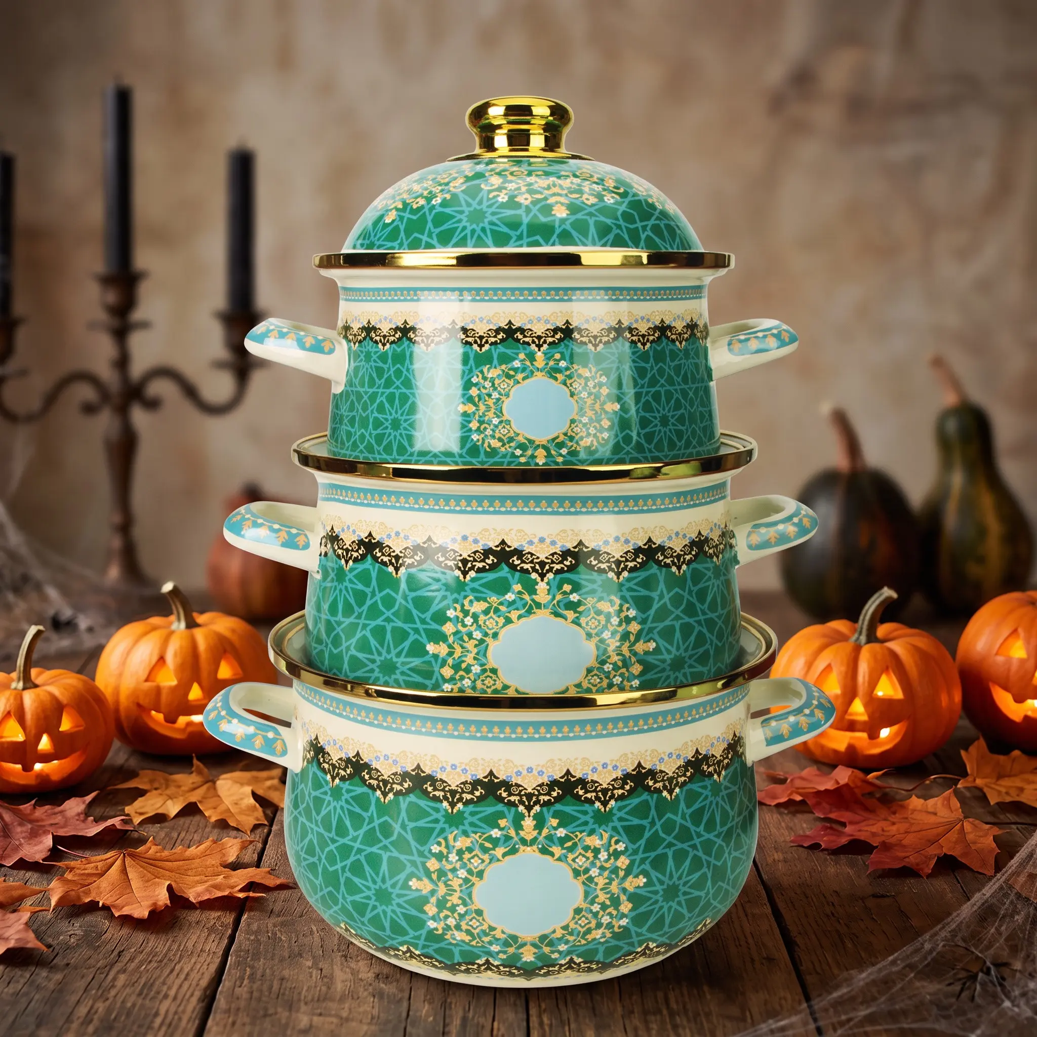 Halloween Moon Mission Portable Multi-Functional Enamel Pot Set, Soup Pot, Cooking Pot, Frying Pan, Easy Clean Non-Stick, Kitchenware, Outdoor Gear, Gift