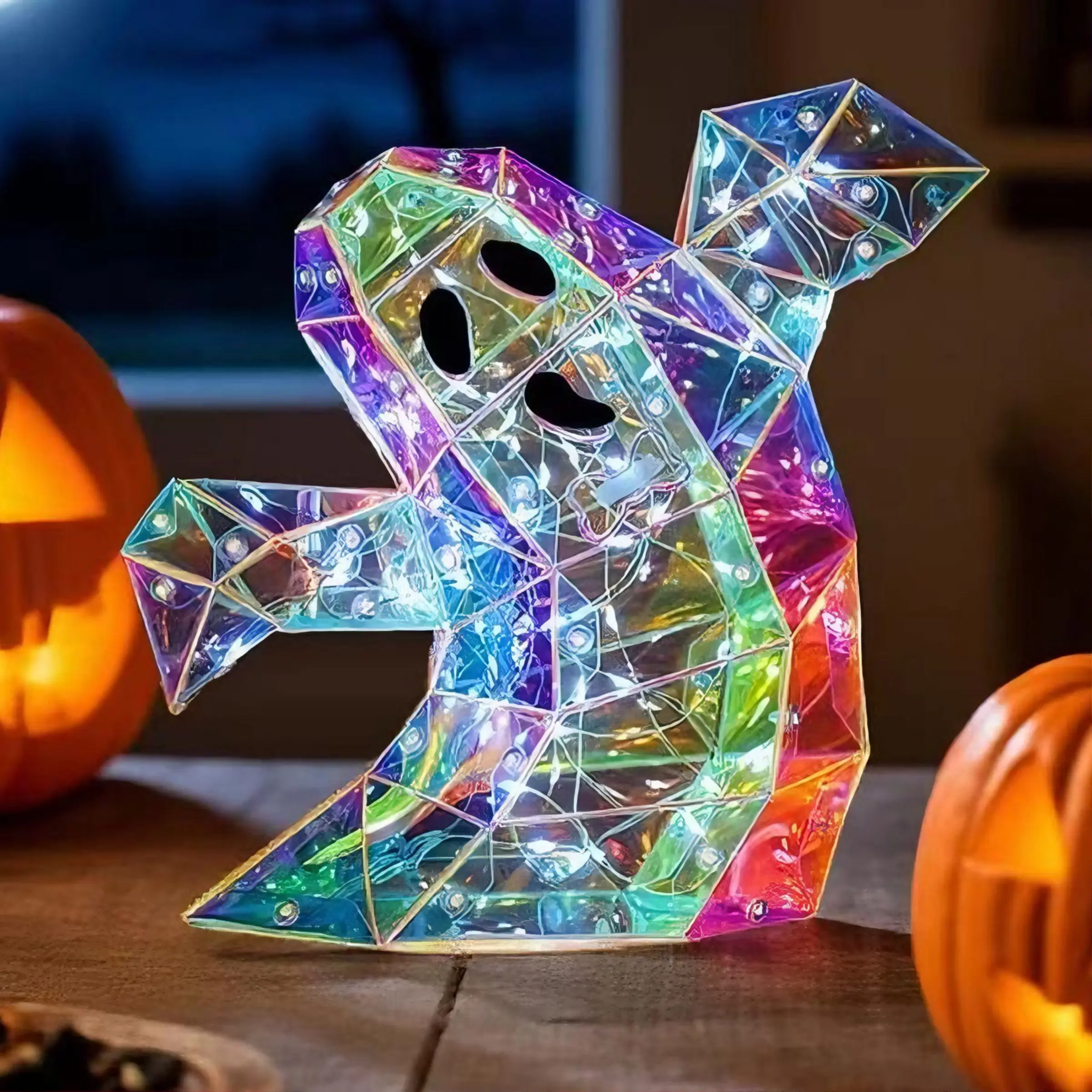 Prismatic Iridescent Ghost Skull Pumpkin Decor, Halloween LED Lights Light Up for Bedroom Hallway Table, Festive Decoration for Home, Holiday Decor, Party Light