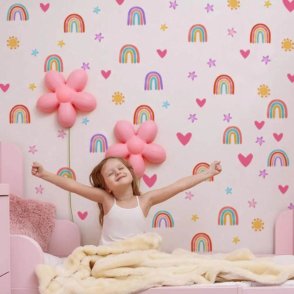 82 count Boho Rainbow Wall Decor Stickers Small Rainbow Wall Decal Watercolor Rainbow Heart Sun  Wall Stickers for Girls Boys  Bedroom  Wall Decor