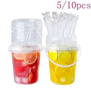 5/10 Pack 34oz Disposable Plastic Drink Cups with Lids and Straws, Soft Tone Ice Coffee Cups, Party Supplies for Beach and Pool Parties, Plastic Tumbler Cups
