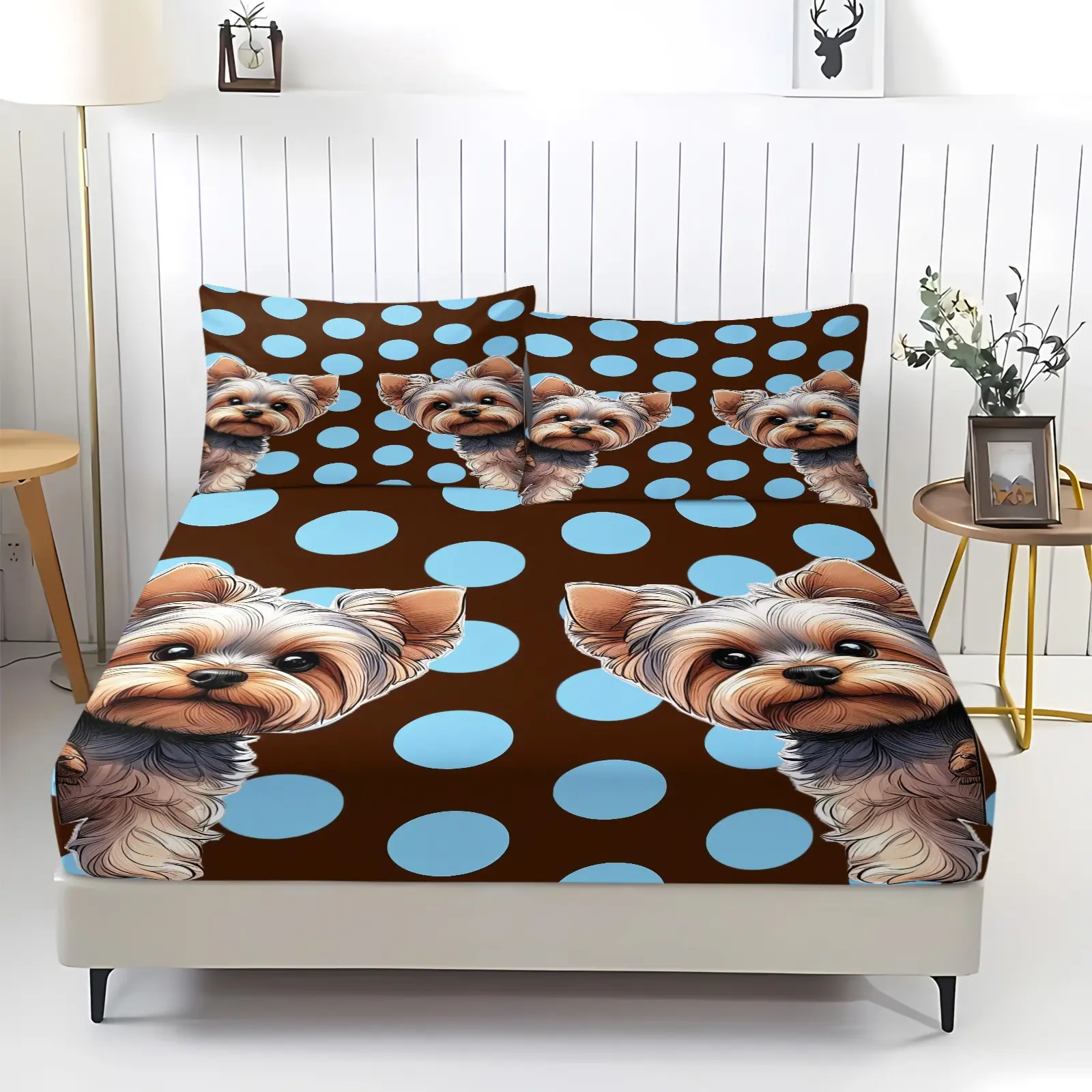 3 Pcs Cute Yorkshire Terrier Pattern Bed Sheet Set, Brown Blue Polka Dot Printed Bedding, Soft And Breathable Bed Cover, 1 Bed Sheet And 2 Coreless Pillowcases, Suitable For Children And Teenagers' Bedroom Decoration