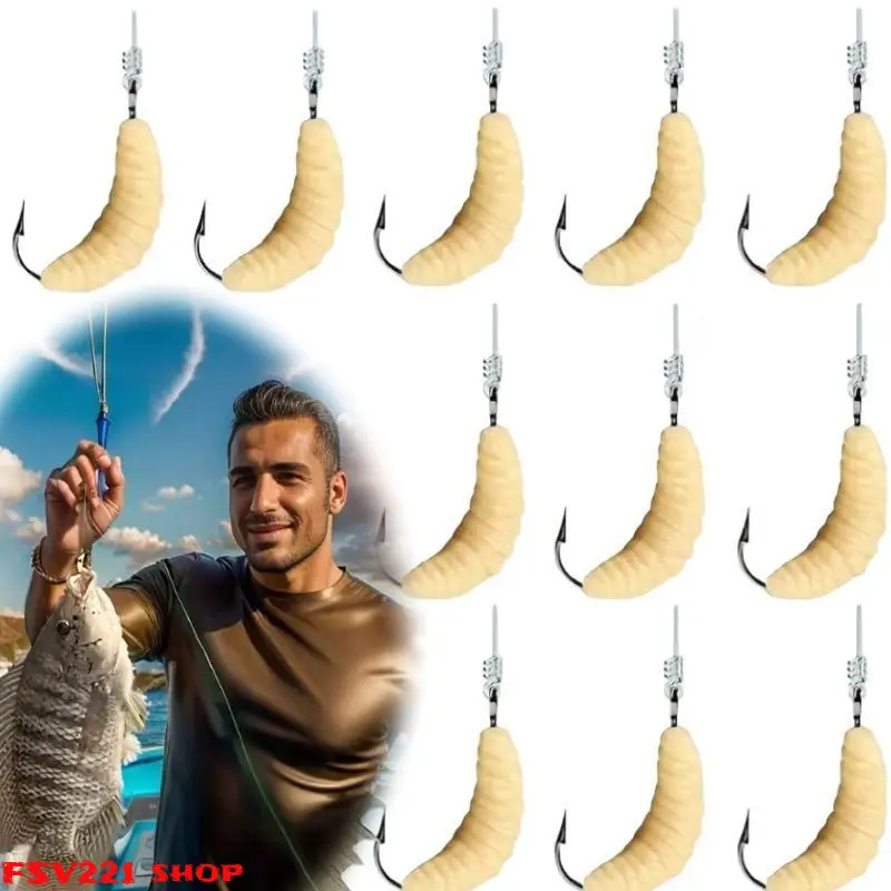 Lifelike Silicone Maggot Grub Lures, Pre-Tied Hook Soft Worm Baits, Scented Small Artificial Lures for Freshwater Stream Fishing- Ideal for Stream, Pond Fishing, Trout, Carp, Panfish & Beginner Anglers Worm Grub Baits with Built-in Hooks, Lifelike Silicon