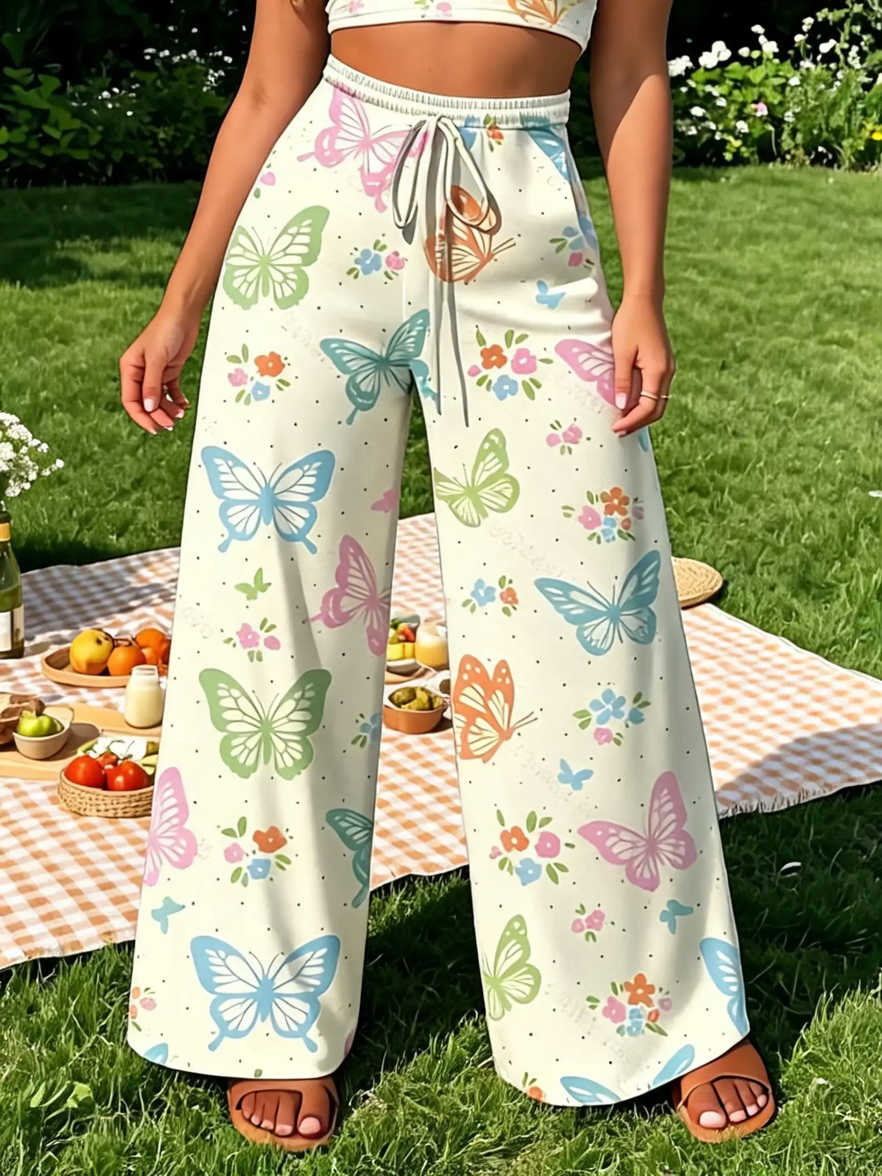 Macaron Colorful Butterfly Floral Print Bohemian Wide Leg Pants for Women, Drawstring High Waist Adjustable Loose Fit Casual Trousers, Beach Vacation Long Pants, Boho Casual Trousers