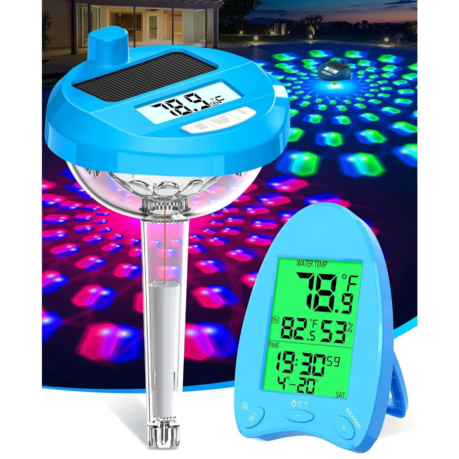 Digital Rechargeable Battery Solar-Powered Wireless Floating Pool Thermometer for Hot Tub Owners, Easy Read, Dynamic LED Light Show, Dual Backlit Display, 650FT Transmission, IP68 Waterproof, High-Sensitivity Sensor for Accurate Temperature Readings