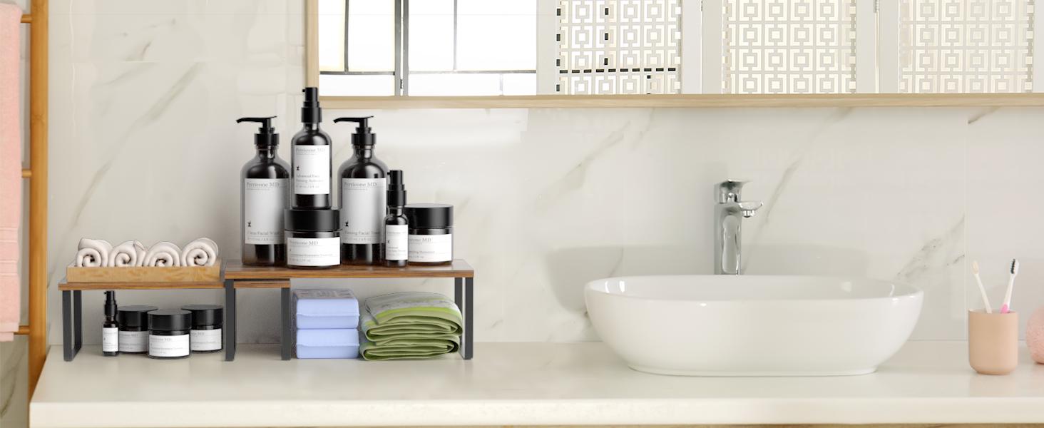 2-Pack Stackable Cabinet Shelf Organizer | Expandable Kitchen Pantry Spice Rack for Counter,Cupboard Storage | Black/Brown