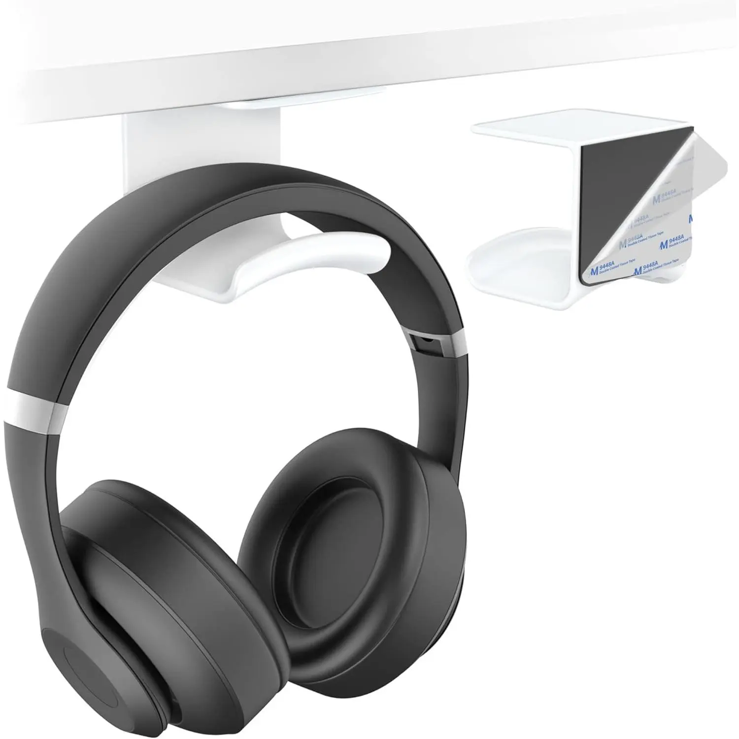 Under Desk Headphone Hanger, Adhesive Hook, White 1 Pack | Free up desk space with an adhesive headphone hook for under-desk, wall or side mounting, durable ABS supports up to 1 kg
