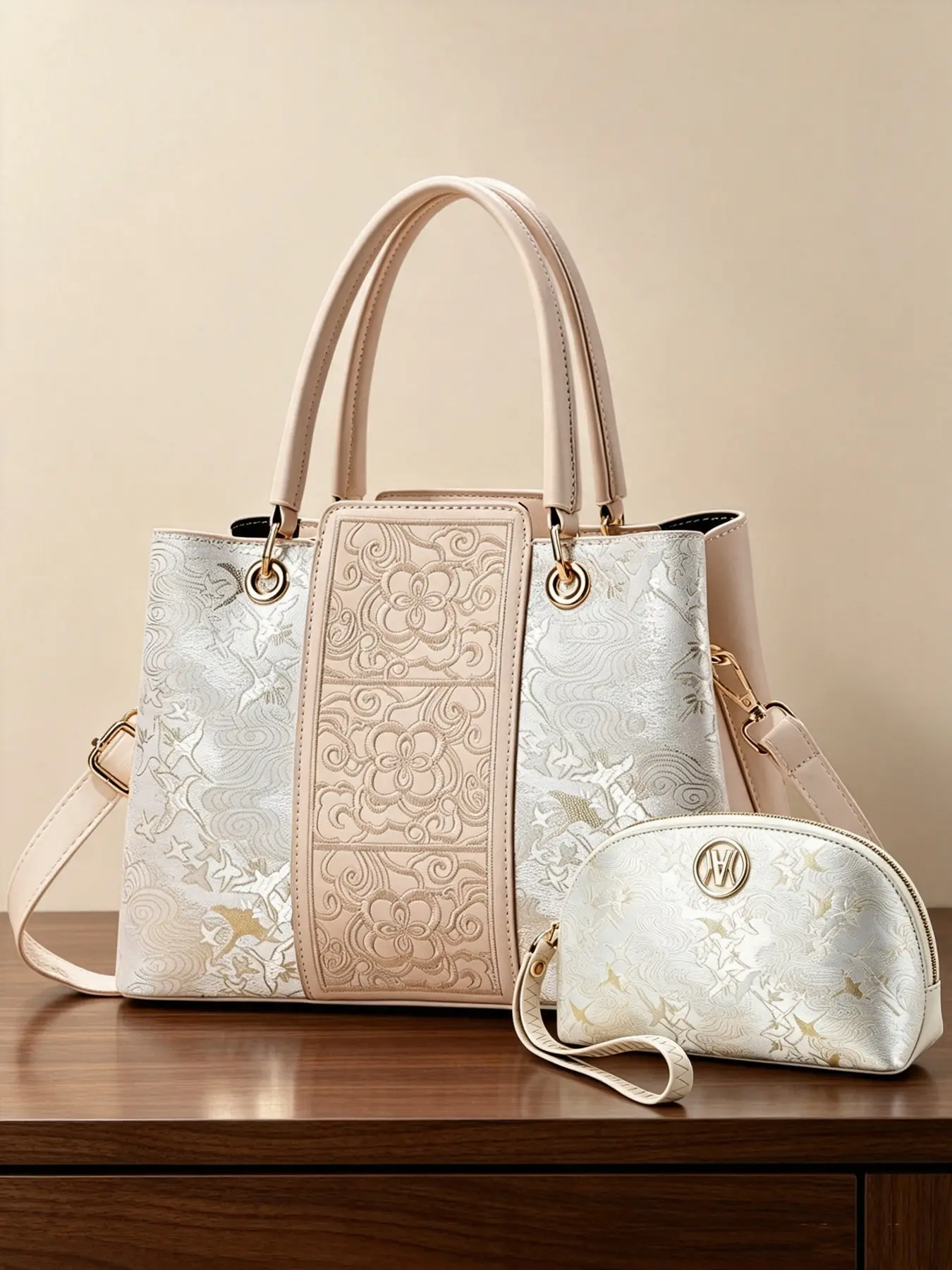 Two-piece embroidered printed women's handbag set with a matching clutch from the same collection, stylish and versatile, ideal as a gift, high-quality printed tote bag
