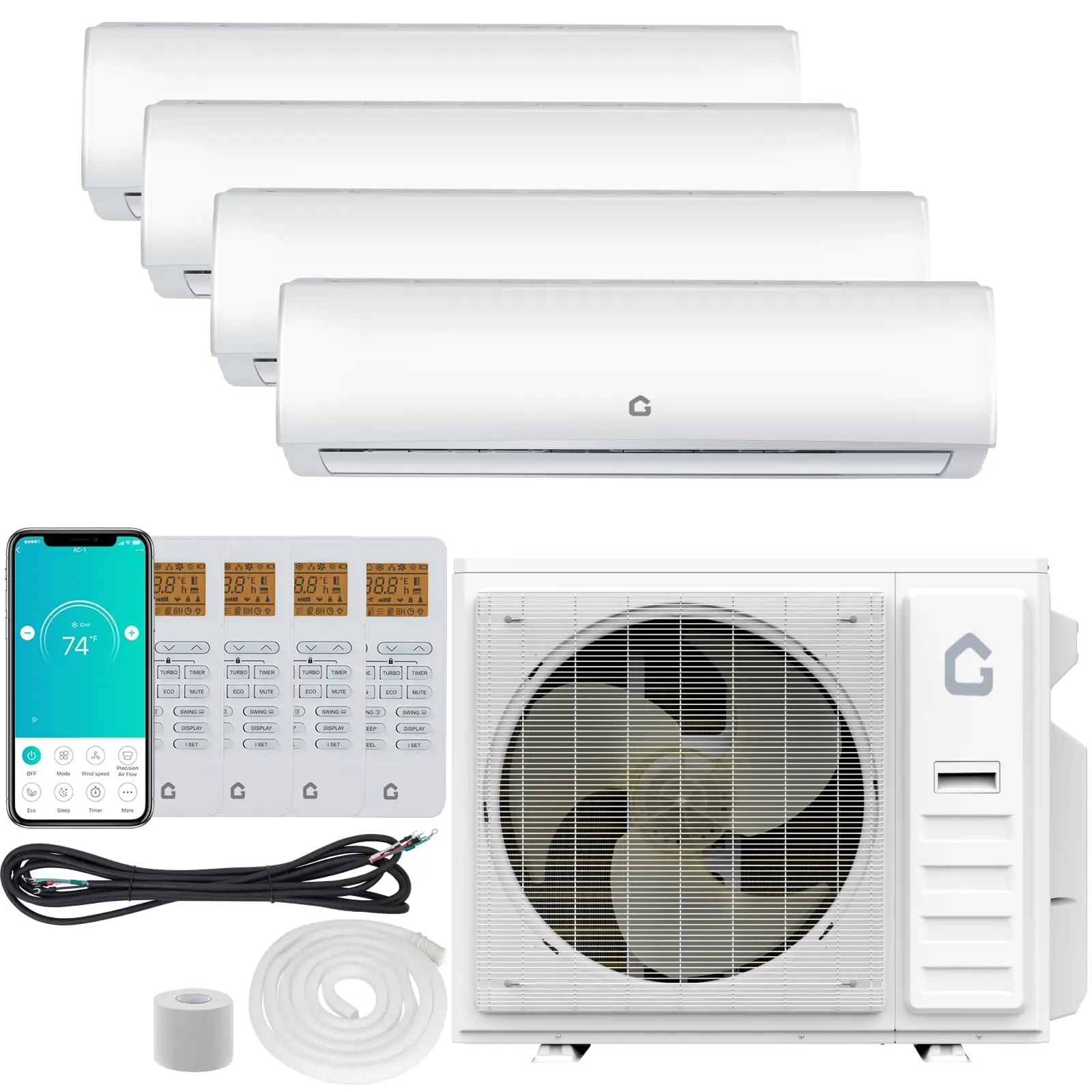 GAOMON 35000 BTU Quad Zone Ductless Mini Split Cool/Heat System, 19 SEER2, 4-Zone 12000 BTU Each Units, Pre-Charged Condenser, 208-230V, Copper Tube Line Set Not Included