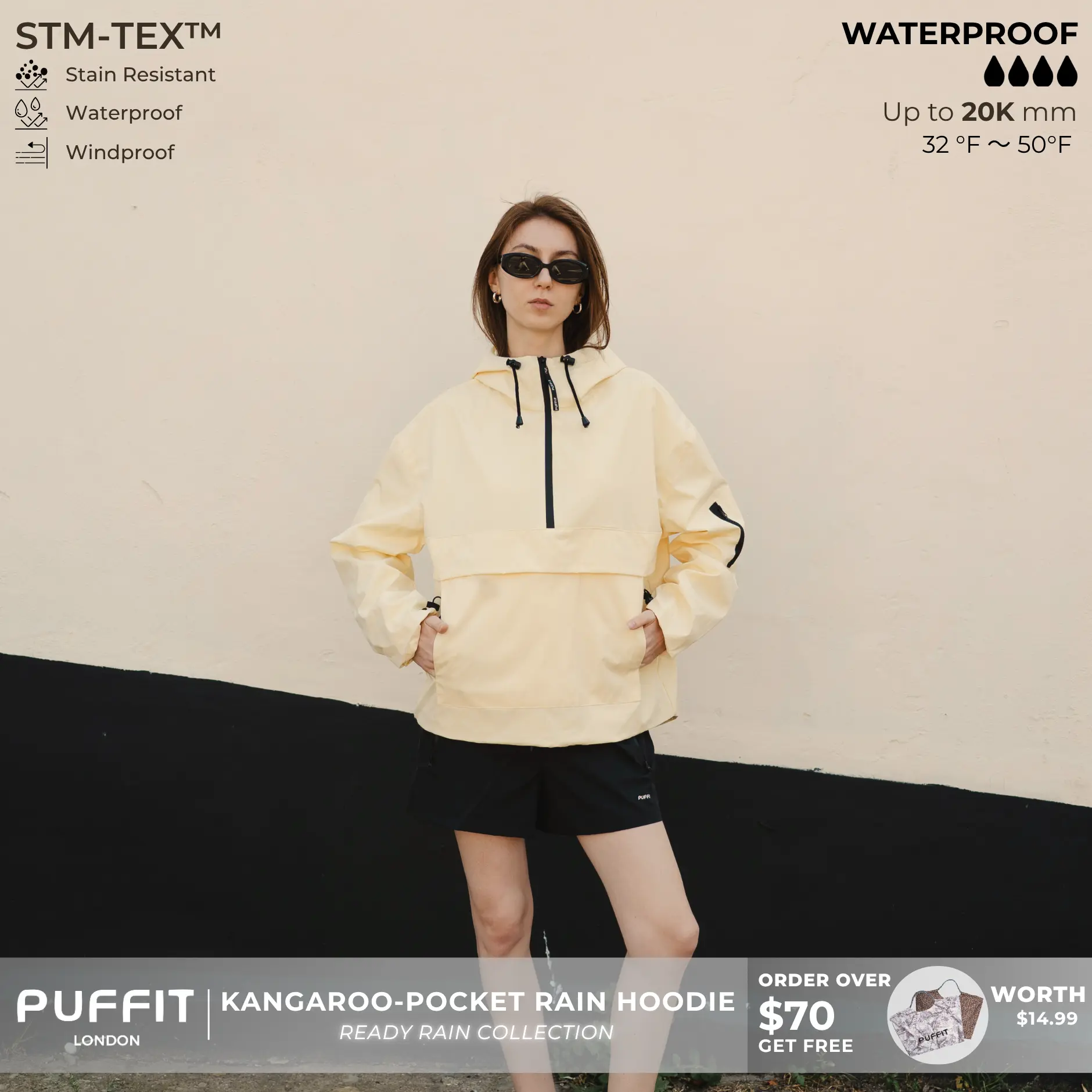 【Restocked】PUFFIT STM-TEX Waterproof Oversized Fall Hoodie Coat Warm Half Zip Rain Jacket With Adjustable Waist,Hood & Cuffs,Large Kangaroo Pocket,Shell Jacket,Ski Jacket,Spring Jacket,Windbreaker,Dog Walking,School Running,Football Mum,Stylish,Womenswear