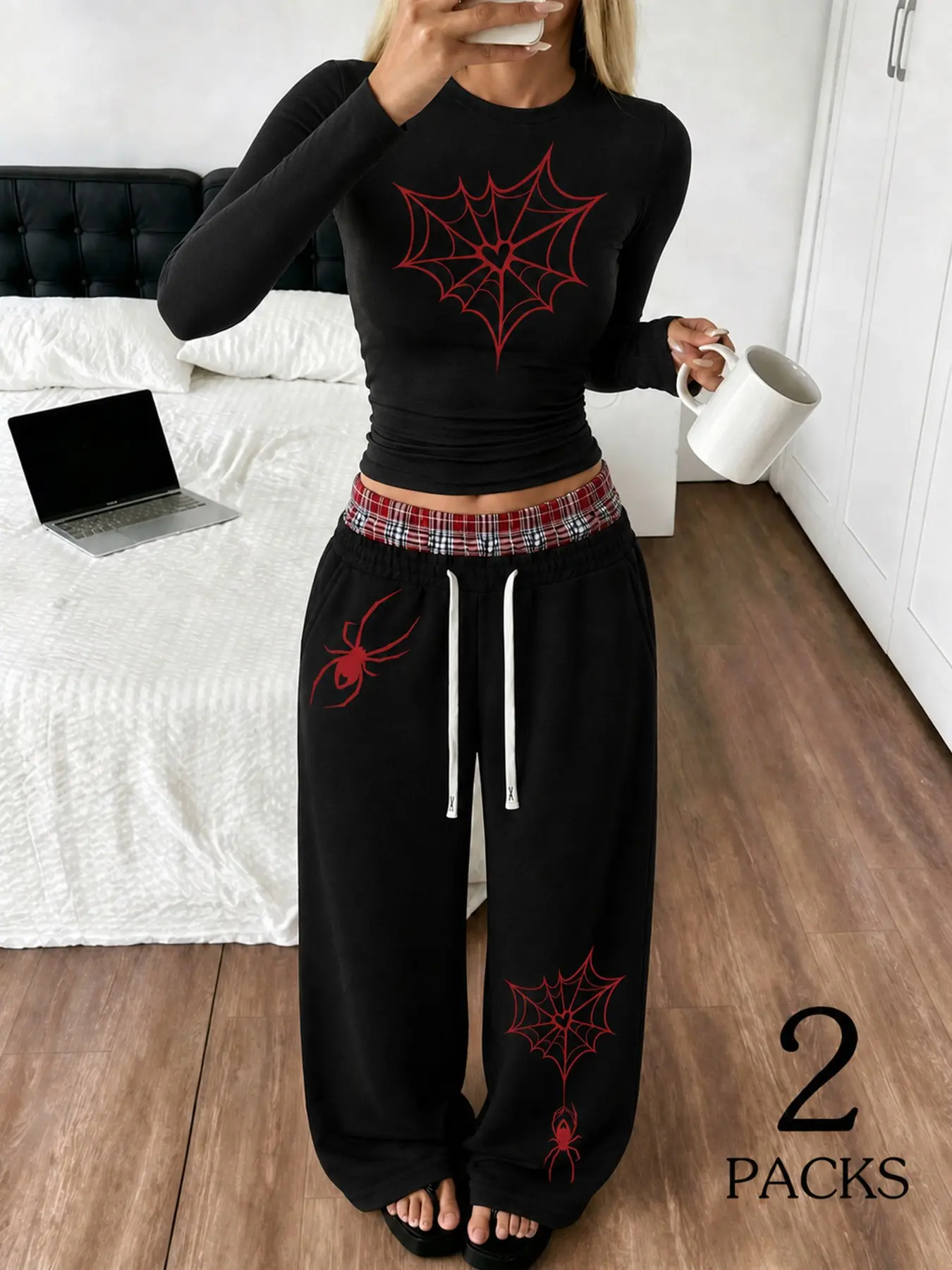 Women's 2 Piece Black Spider Web Print Set, Long Sleeve Crop Top and Plaid Layered Waist Wide Leg Sweatpants, Gothic Streetwear Outfit for Fall Winter#WomensTwoPieceSet #SpiderWebPrint #SpiderGraphic #BlackOutfit#LongSleeveCropTop#PlaidWaist #LayeredWaist