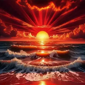Stunning Red Sunset Ocean Waves Seascape Diamond Painting, Diamond Pattern Design, 5D DIY High Quality Full Round & Square Drill Mosaic Rhinestone Cross Stitch, Handmade Art Picture for Home Wall Decoration Decor Gift