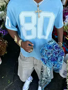 Light Blue 80 Mesh Soccer Jersey, Loose Y2K Streetwear, Breathable Mesh Fabric, Vintage Hip-Hop V-Neck T-Shirt, Athletic Sportswear Top, Athletic Active Tops, Ideal for Casual Wear and Summer OOTD