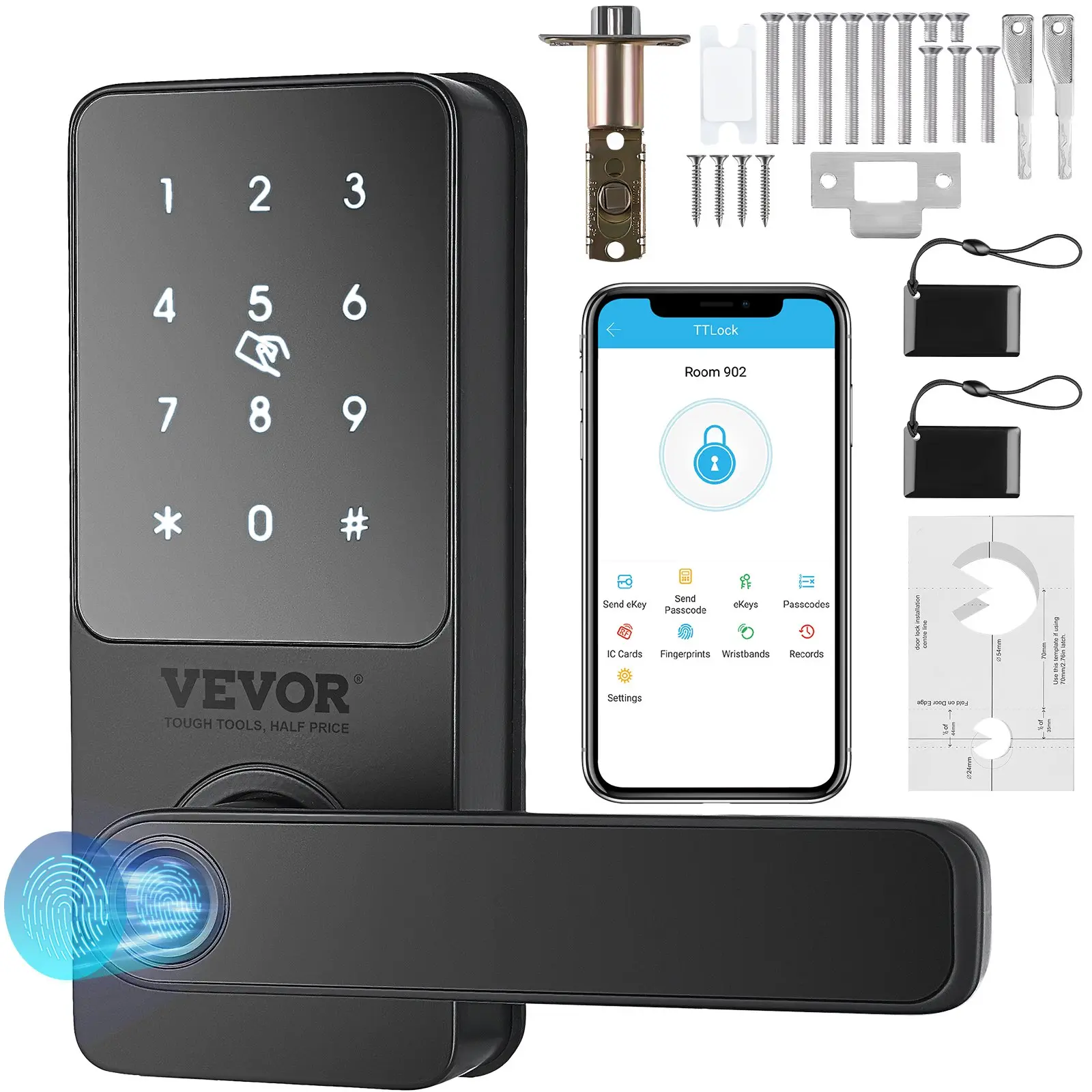 VEVOR Smart Lock, 5-in-1 Smart Door Knob, Fingerprint Deadbolt with App Control, Bluetooth Smart Lock, Keyless Entry Door Lock with Handle, Biometric Door Lock, Keypad Digital Door Lock for Front Door
