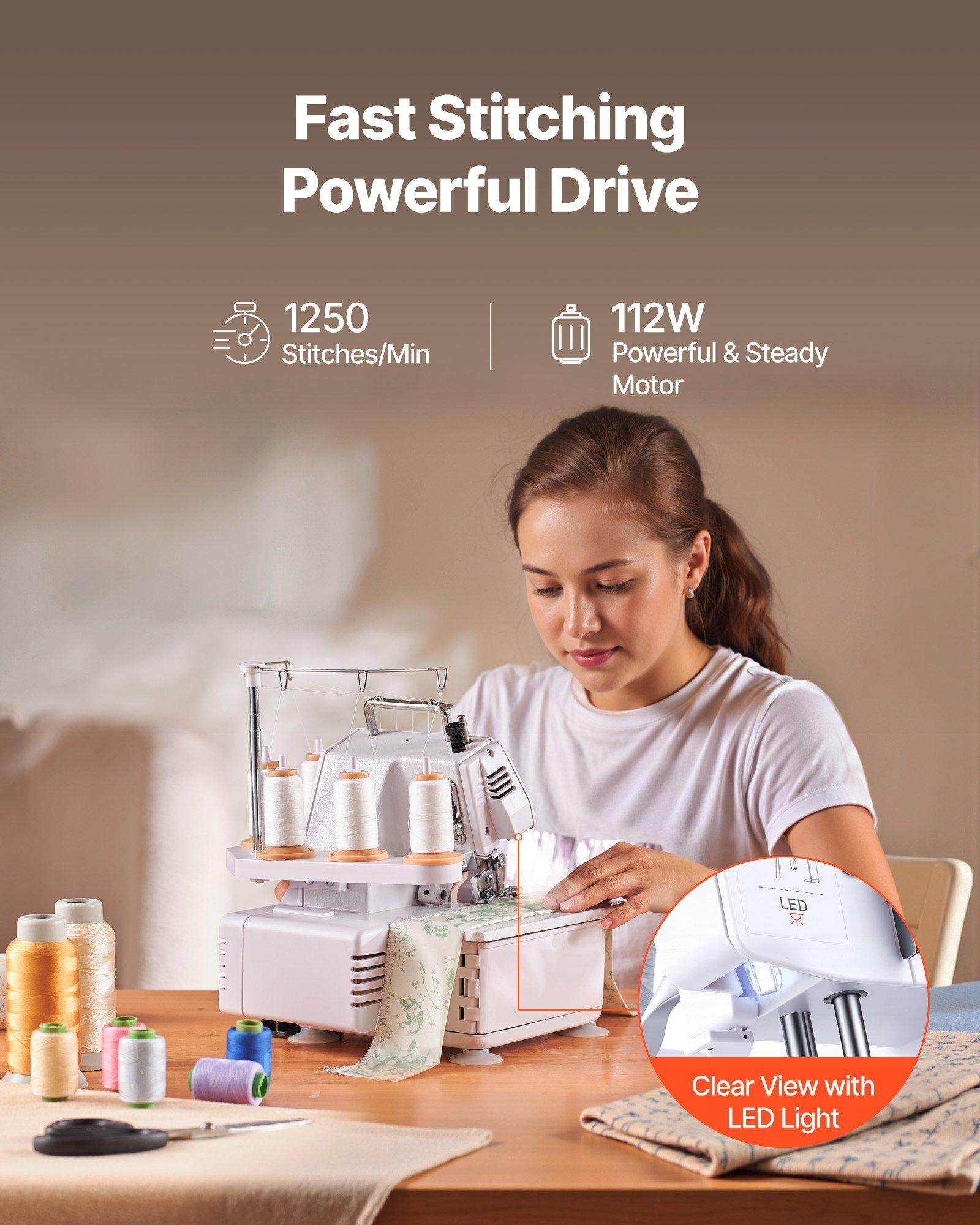 VEVOR Serger Overlock Sewing Machine, 1250 Stitches Per Minute, 2-3-5 Thread Capability, with LED Light and Strong Suction Feet, Heavy-Duty Metal Frame Sewing Machine for Various Fabrics, White