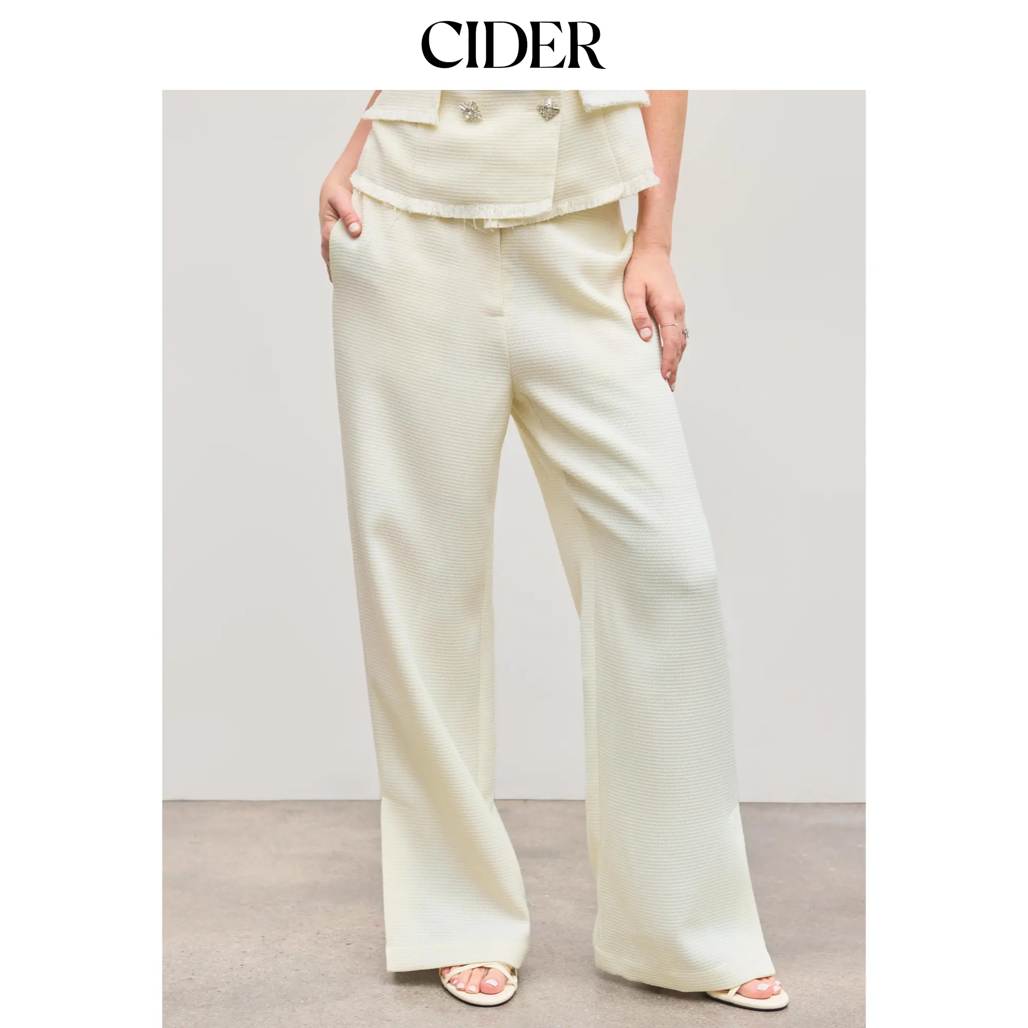 Cider [size 2-10] Tweed Mid Rise Solid Pocket Straight Leg Trousers SohoChic