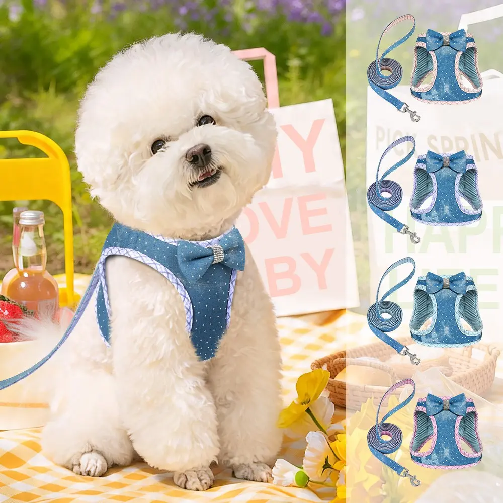 Lightweight Comfortable Dog Harness Set, Breathable Mesh Rivet Jeans Dog Chest Strap, Diamond Bowknot Design, Universal Size for Dogs