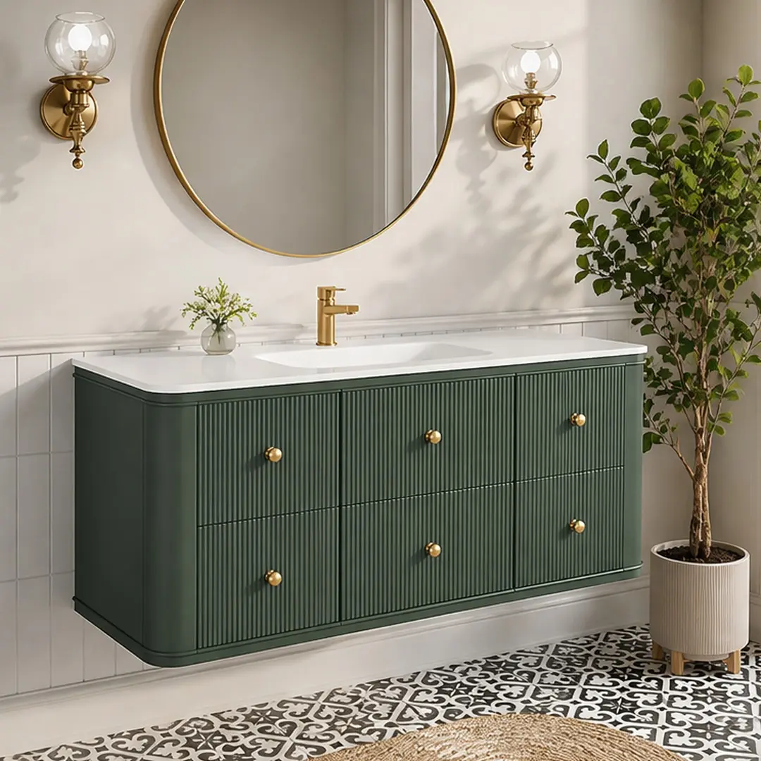 ARCH 48 Inch Wall Mounted Floating Bathroom Vanity with Acrylic Sink, Antique Green Solid Wood & MDF Single Basin Cabinet, Soft-Close Dovetail Drawers, Gold & Silver Handles, Modern Bathroom Storage Furniture, Antique Green Color Options, Bathroom Organiz