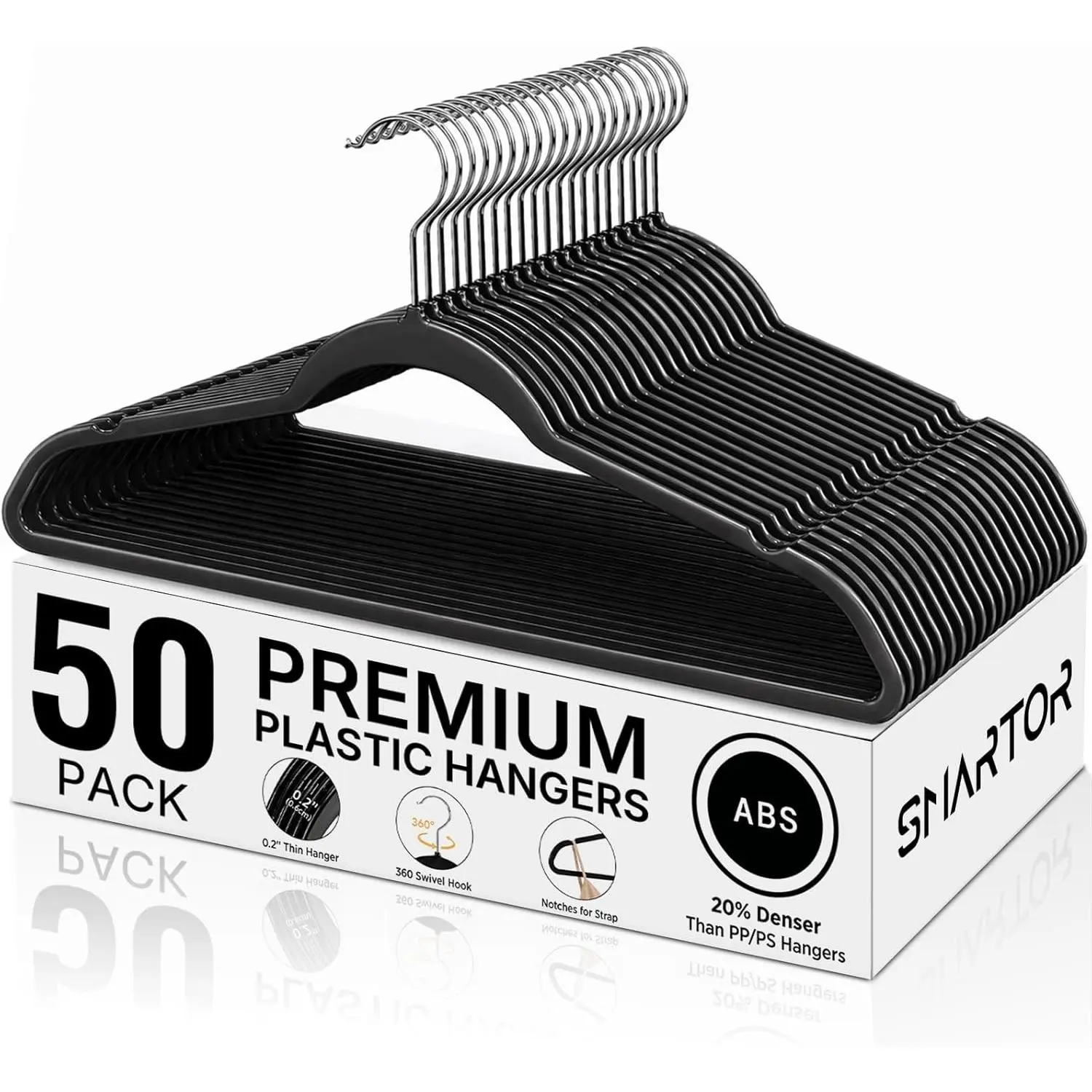 Plastic Hangers 50 Pack, Heavy Duty Plastic Hangers for Clothes Non-velvet Slim Hangers with 360° Swivel Hook Durable Thin Coat Hangers Space Saving Black