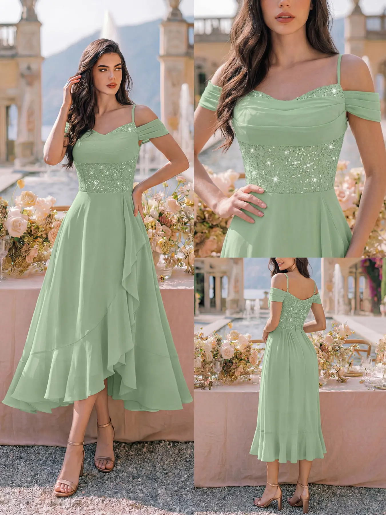 MIUSOL 86253 Sequin Floral Lace Off Shoulder Contrast Chiffon Ruffle Hem Midi Chic Elegant Evening Party Swing Dress,Suitable For Wedding Guest, Formal Dinner