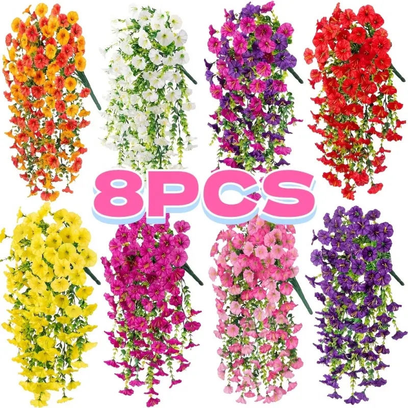 4/8PCS Artificial Morning Glory Fake Decorative Flowers Faux Floral Decor Outdoor Plants UV Resistant Realistic Hanging Vines for Home Garden Porch Patio Floral Decoration