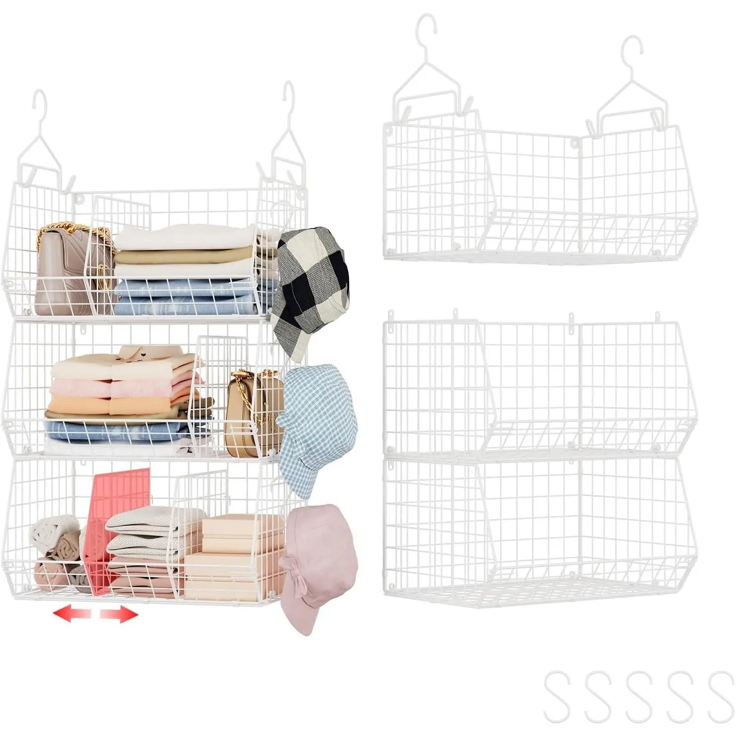 3 Tier Extra Large Closet Hanging Shelves with Divider, 16.5"L x 11.8"W x 33.6"H Closets Organizers and Storage with 5 S Hooks, Clothes Organizer for Sweaters Shoes Handbags Clutches Accessories-White