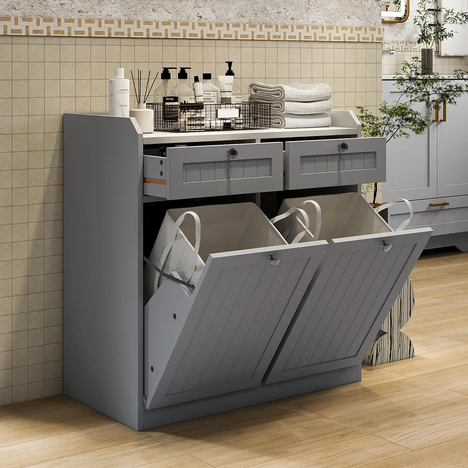 Trash Can Cabinet, Double Tilt Out Trash Can Cabinet, Hidden Garbage Can Cabinet with Storage Drawers, Wooden Kitchen Trash Bin Cabinet, Laundry Hamper for Bathroom, Grey