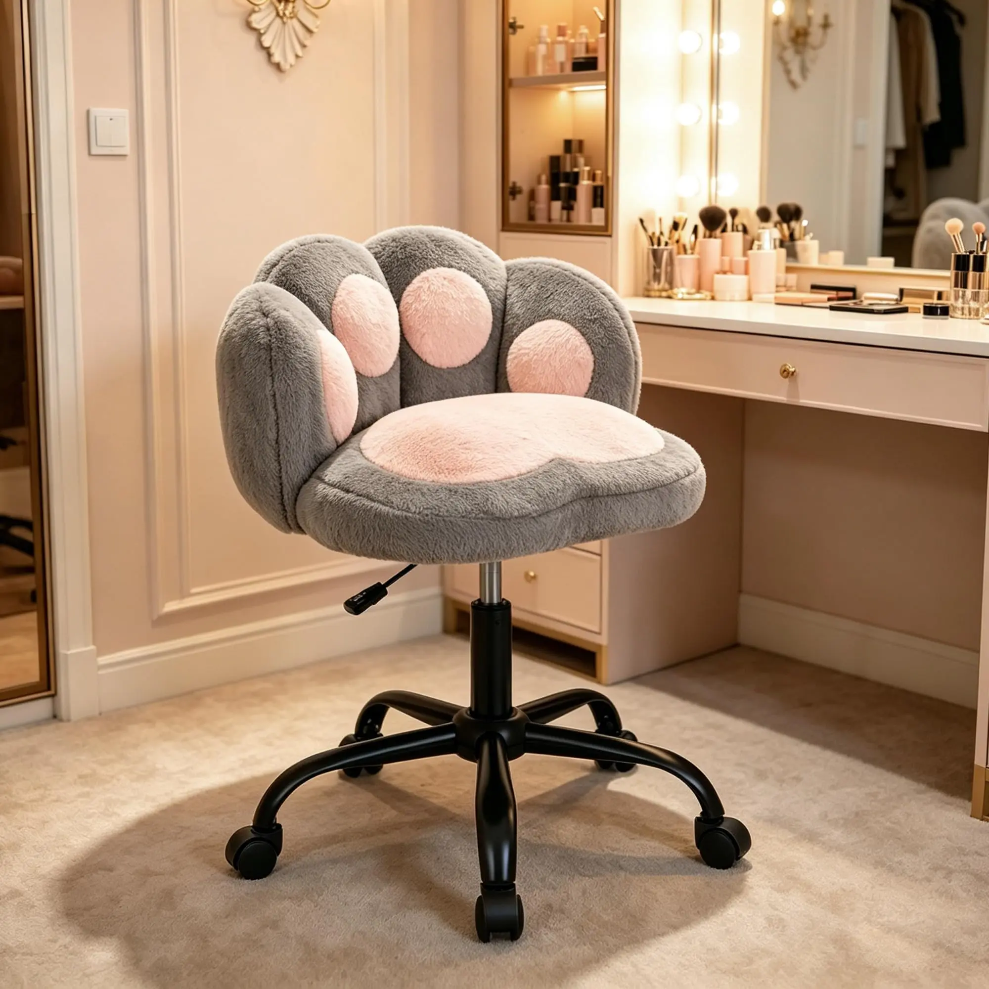 Vanity Chair with Cat Paw Back, Teddy Fabric 360° Swivel Desk Chair, Adjustable Height, Rolling Wheels for Bedroom, Office