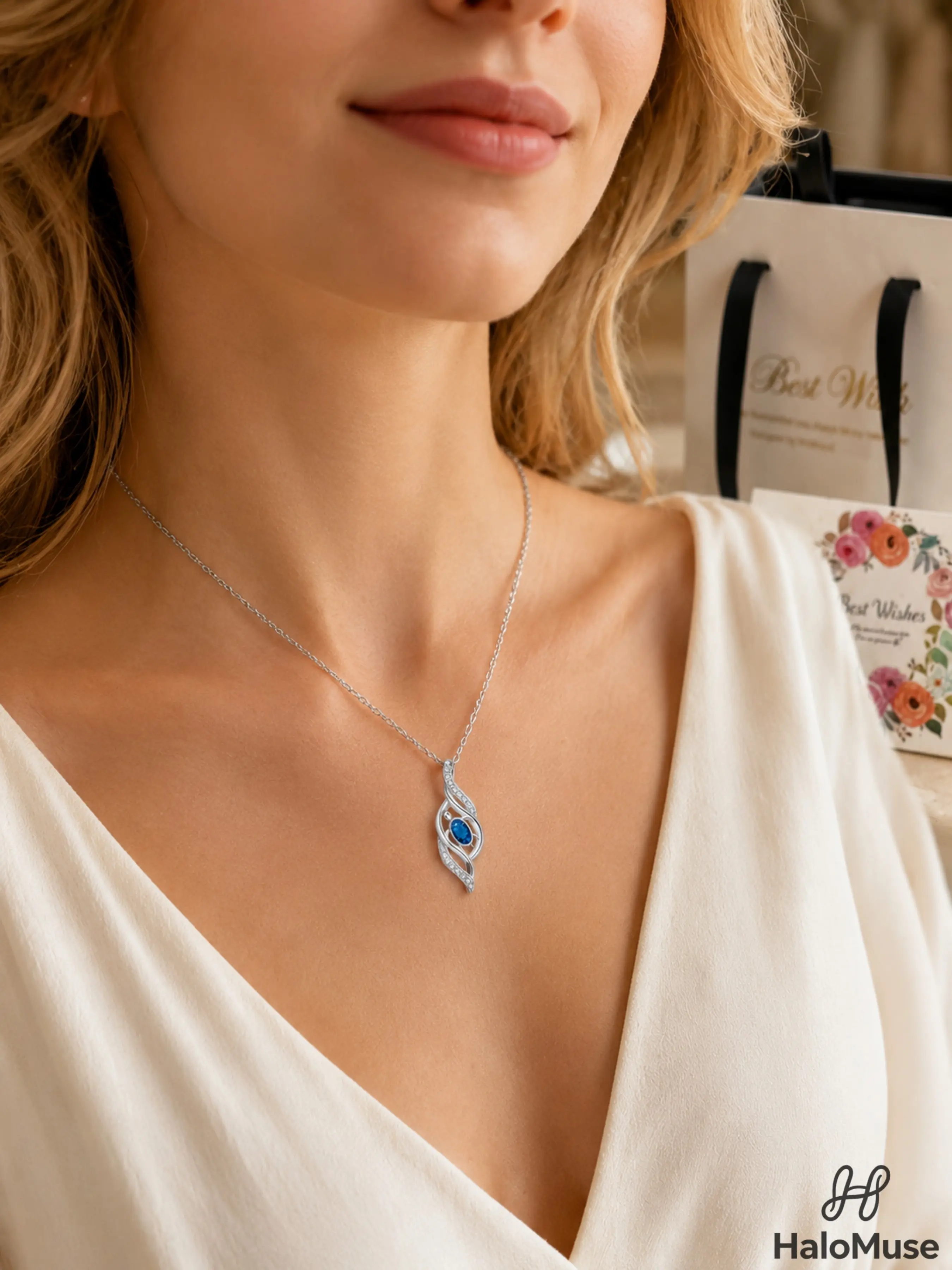 Halo Muse 1Set Blue Diamond Necklace Gift Box Set, Sparkly Rhinestone Silver Tone Flowing Pendant Chain with Pull Gift Box and Greeting Card, Perfect Jewelry Gift for Women, Birthdays, Dates & Anniversaries