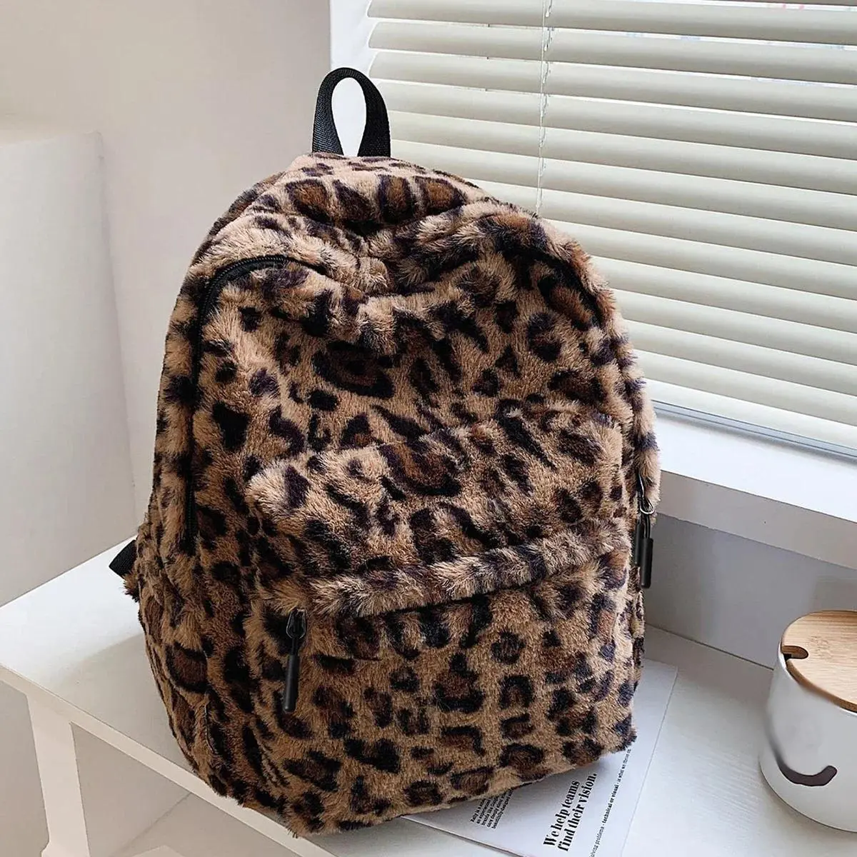 Luxury Brown Leopard Pattern Plush Womens Backpack Large Capacity Backpack Purse Multi Pocket Adjustable Straps For Commute