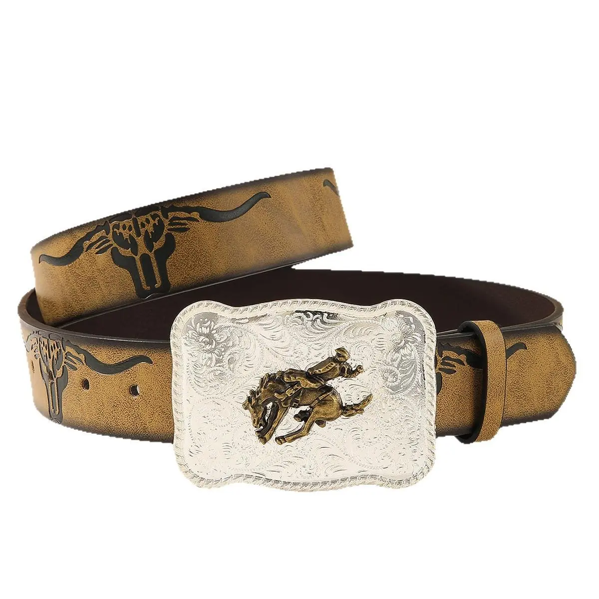 Western Cowboy Belt with Barrel Racing Horse Buckle & Bull Head Emboss