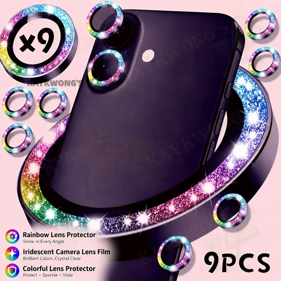 KAYKWONG'S 9pcs Anti-Scratch Colorful Glitter Smartphone Camera Lens Protector, Compatible with iPhone 17 Pro Max/17 Pro/16/15/14/13/12/11, Ultra Durable, Gift Idea