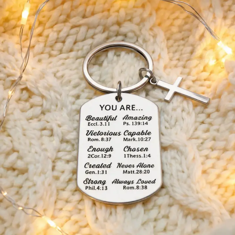 Faith Keychain with Bible Quotes, Stainless Steel Cross Key Ring, Christian Inspirational Gift, Religious Reminder of God's Love for Family Friends