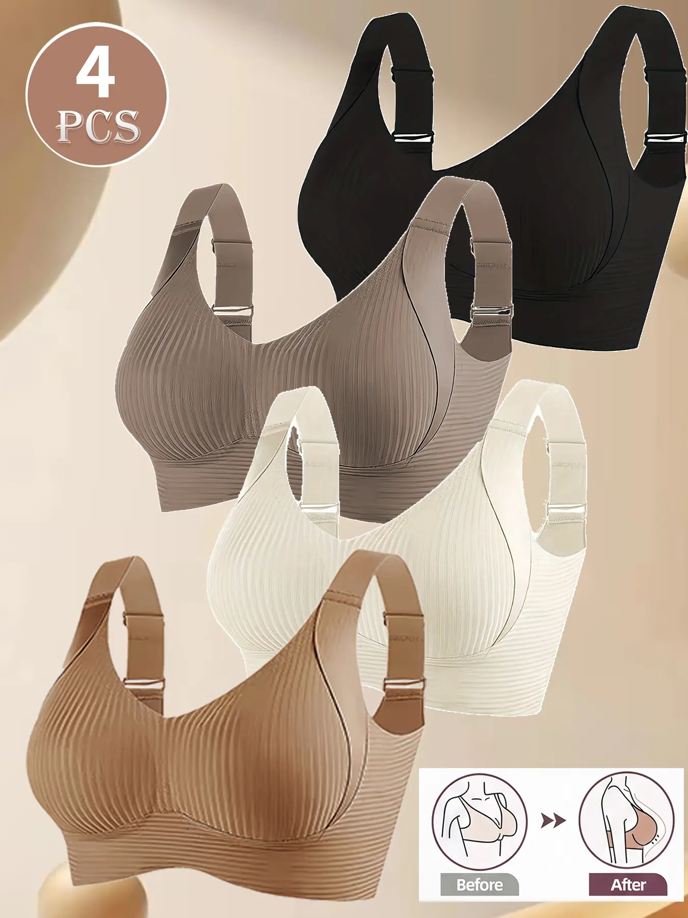 4-piece women's bra thread sexy comfortable breathable full width shoulder strap without steel ring gather suitable for daily outdoor fitness running Sports Bra Breathable