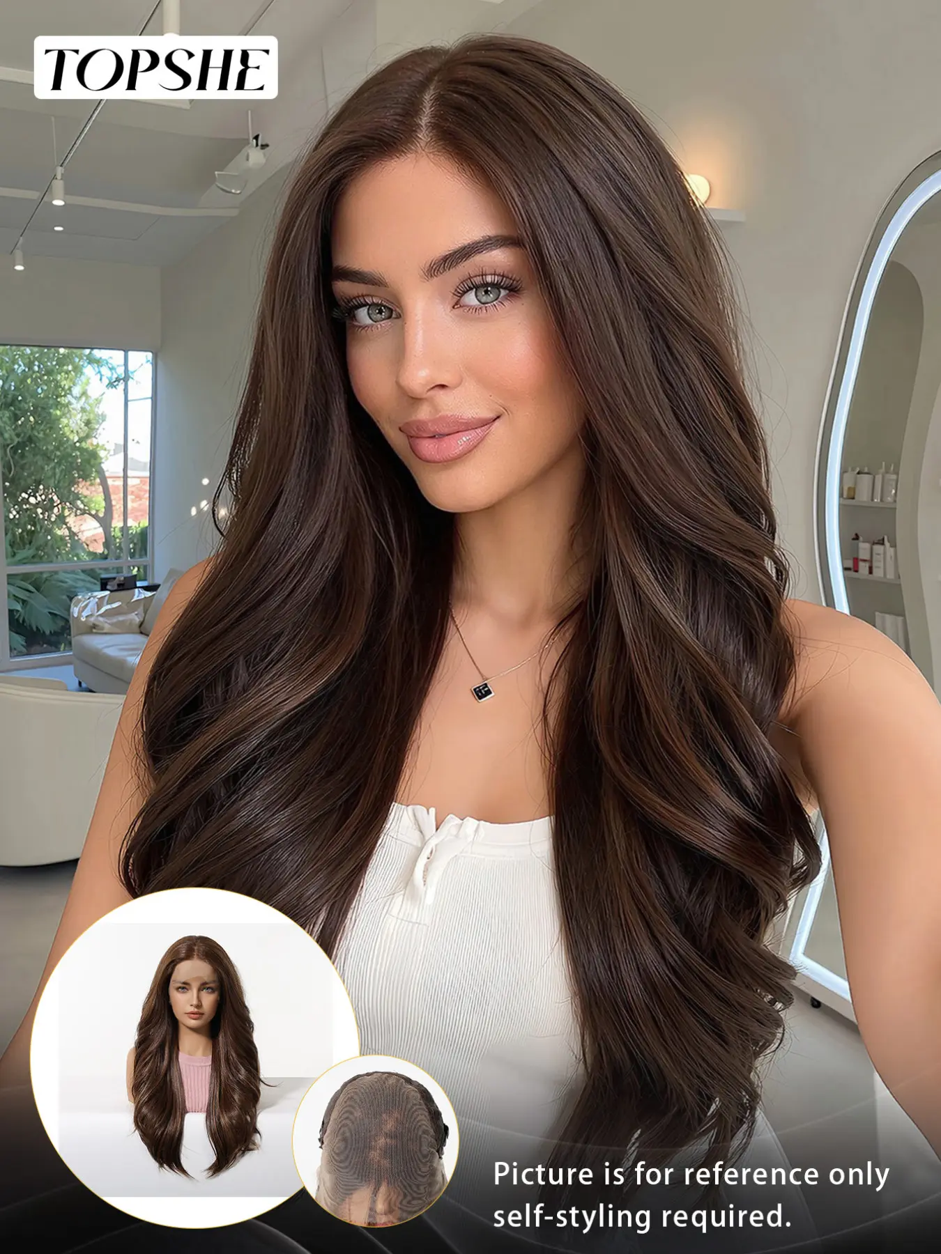 Topshe 13×6 Lace Front Long Wavy Wig, Lace Front Wigs, Rich Chocolate Brown Balayage Hair, FUTURA Imported Mixed Fibers, Soft Breathable Lace Cap, Hand Bleached Natural Hairline, Heat Friendly Wig For Daily Work Wedding Date Casual Outfit