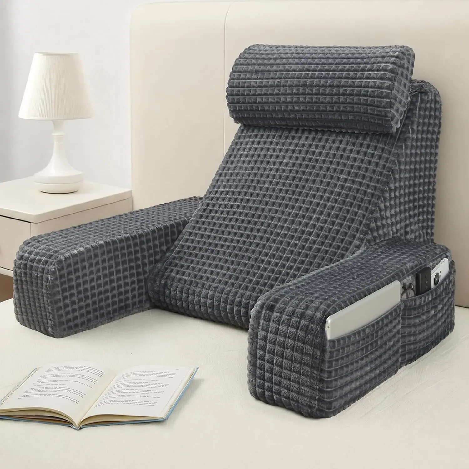 Reading Pillow,Back Pillow for Bed Sitting Up Adult,Backrest Support Pillow with Build-in Arms & XL Pockets,Rest Chair for Reading,Gaming,Relaxing,Working or Watching TV in Bed/Floor-19'' Grey