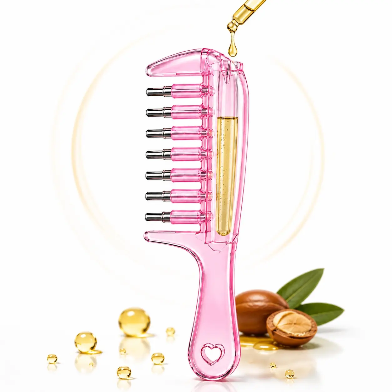 Scalp Oil Applicator Comb, Pink Hair Root Oil Comb with Metal Roller Tips, Transparent Liquid Chamber Hair Serum Applicator for Scalp Massage, Root Care, Hair Oil, Nourishing Treatment & Smooth Shiny Hair