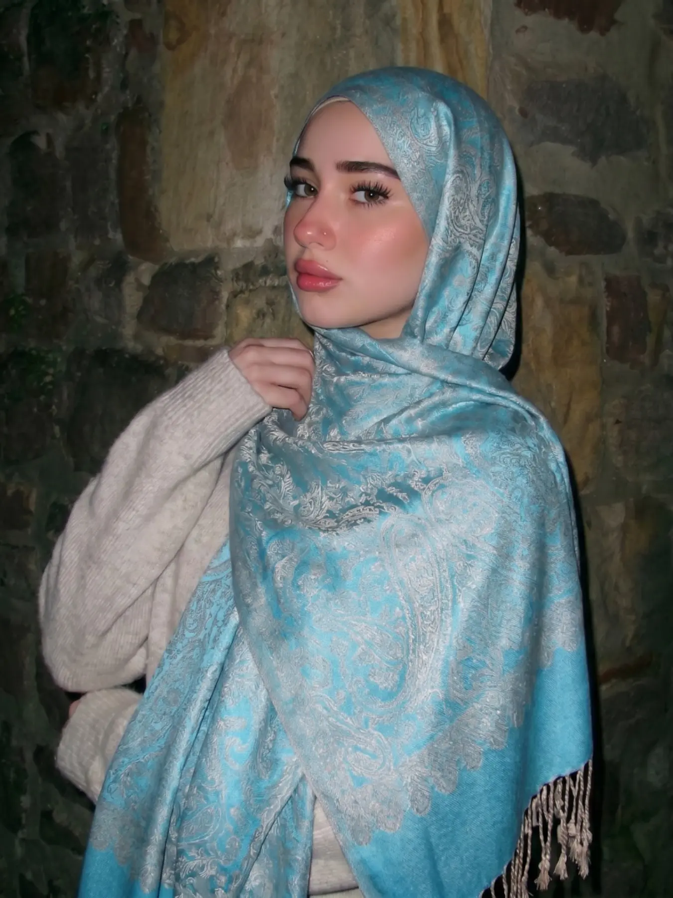 Light Sky Blue Paisley Cashmere Embroidered Fringe Shawl, Muslim Women's Hijab Headscarf, Modesty Hijab Wrap, Elegant and Stylish Accessory
