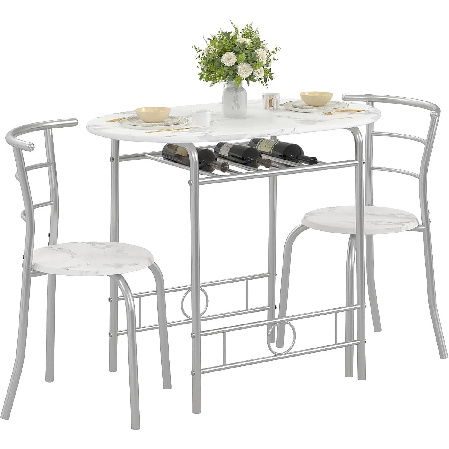 3-Piece Dining Table Set for Kitchen Breakfast Nook, Faux Marbled Oval Tabletop and Metal Frame with Built-in Wine Rack, for Small Spaces, White & Silver