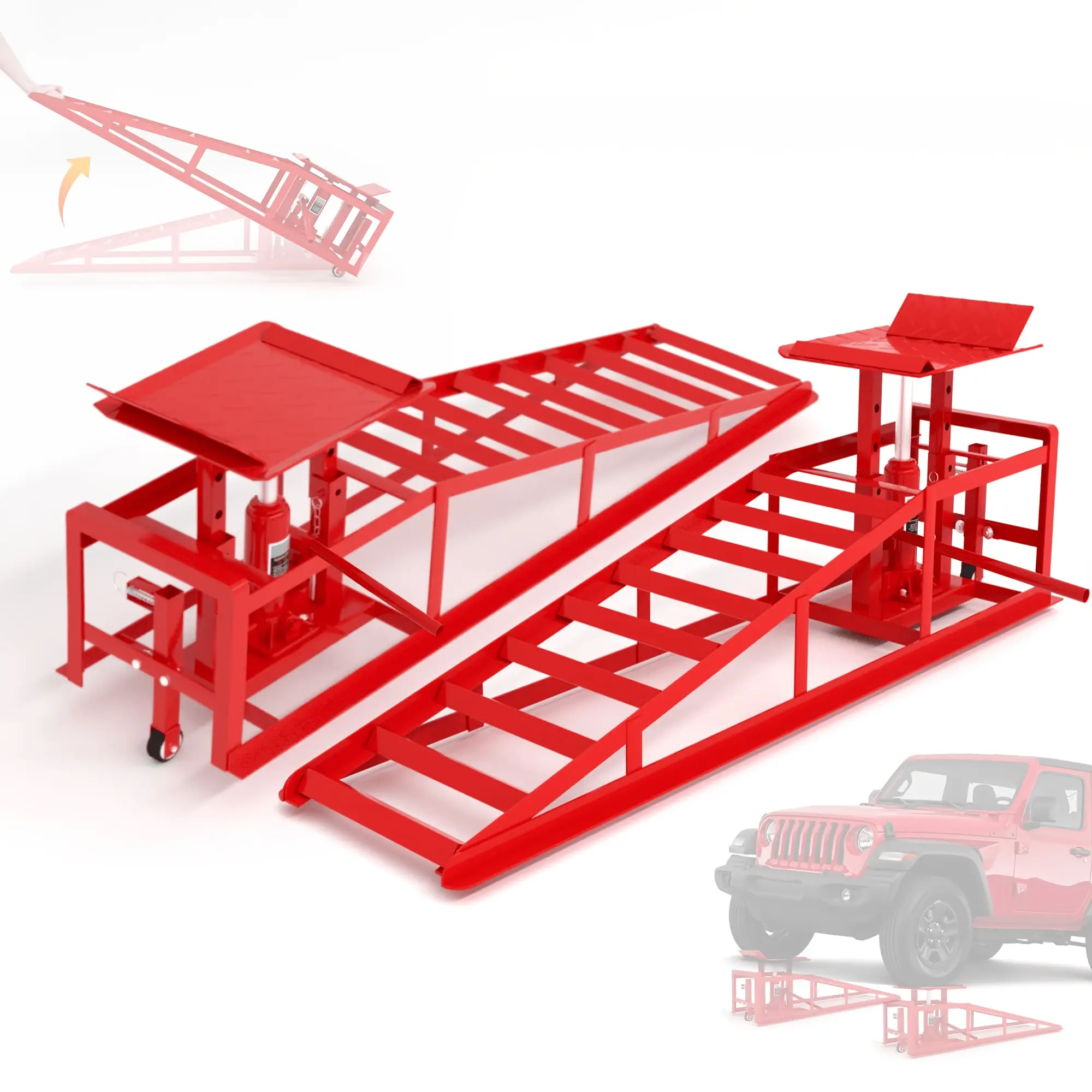 BANDESUN 1/2 Pack Heavy-Duty Hydraulic Car Ramps with Support Jack & Gloves - High Lift Vehicle Jack for Oil Changes, Truck Tire Removal, Workshop, Auto Repair and Detailing Shops, 11050 LBS Load Capacity