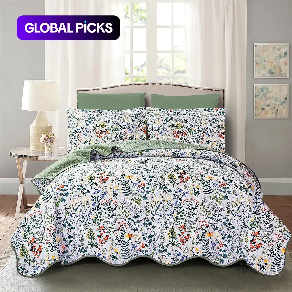 Three-Piece Quilted Bedspread Set, Lightweight Floral Print, Queen Size, Includes Pillowcase, Suitable for All Seasons, Elegant Design, Floral Bedding Set